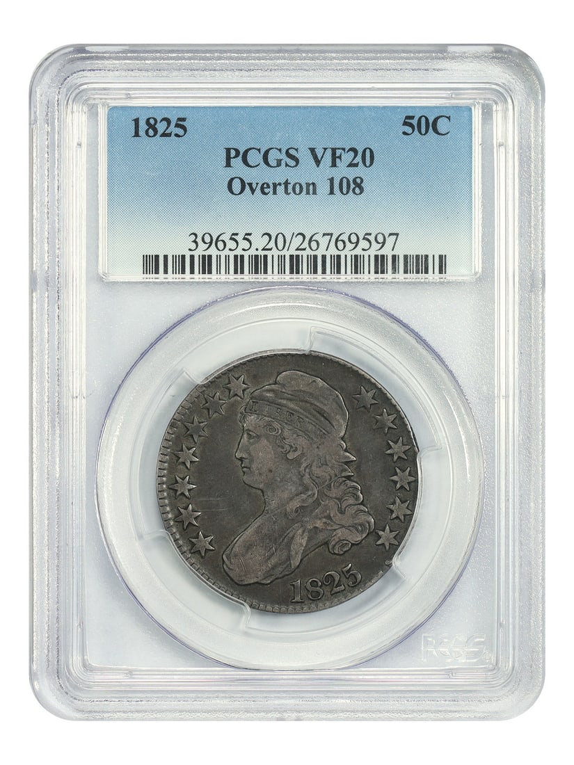 PCGS VF20 Overton-108 1825 Capped Bust Half Dollar 50C: PCGS VF20 Overton-108 1825 Capped Bust Half Dollar 50C This 1825 Capped Bust Half Dollar is graded VF20 by PCGS and certified with number 26769597. It is a circulated coin from the Philadelphia Mint a