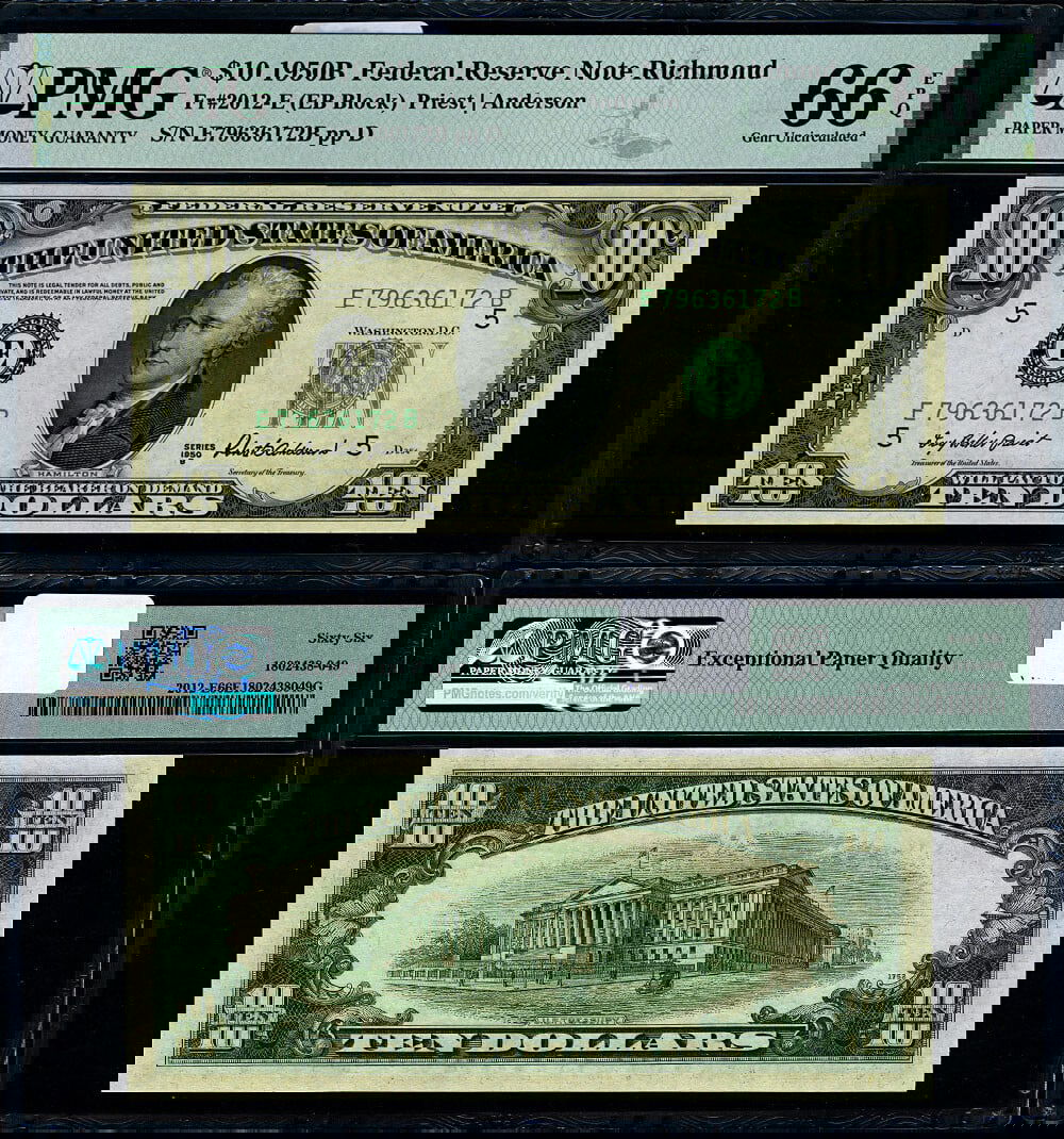 1950-B $10 Richmond Federal Reserve Note E-A Block PMG Gem CU66 EPQ: 1950-B $10 Richmond Federal Reserve Note E-A Block PMG Gem CU66 EPQ This is a 1950-B $10 Federal Reserve Note from the Richmond district, E-A block, graded Gem CU66 EPQ by PMG. The note is uncirculate