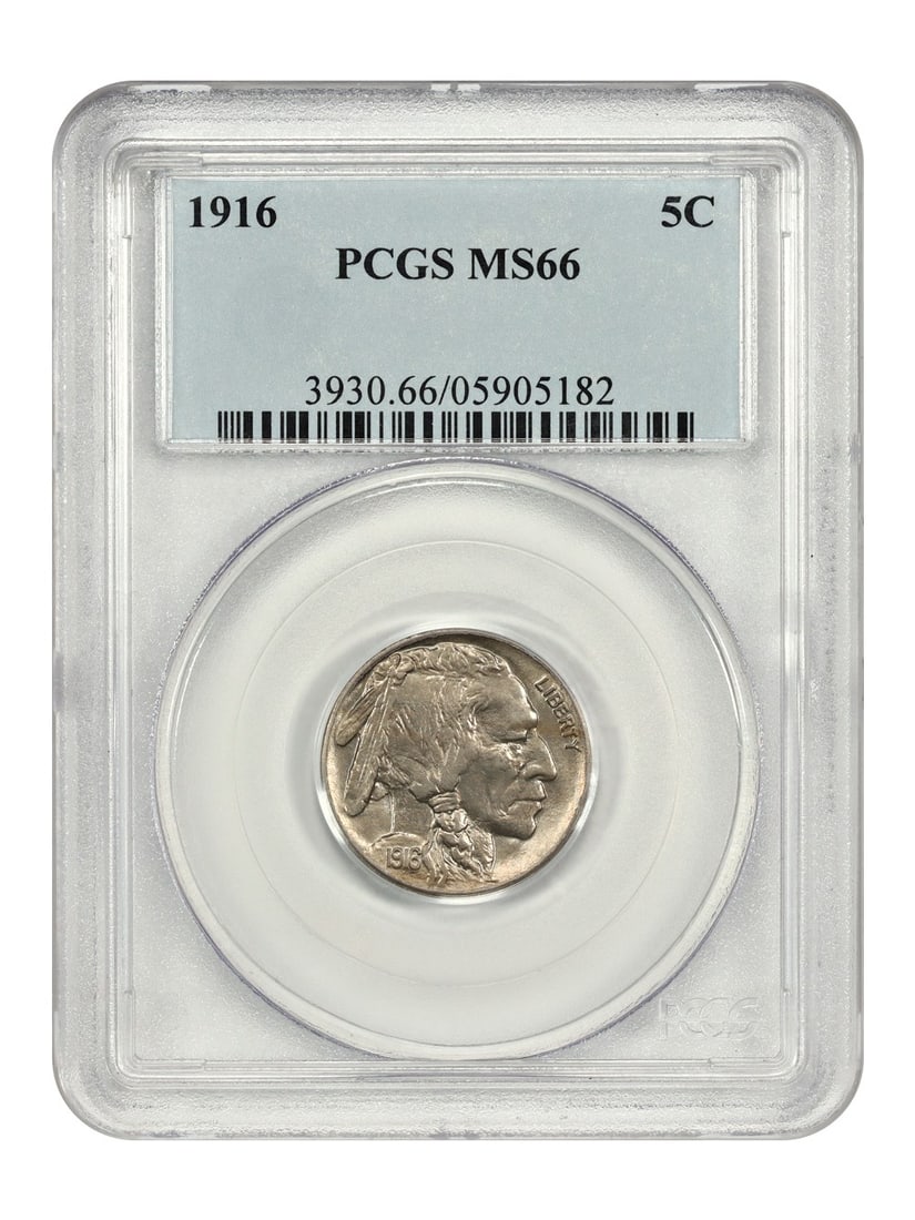 PCGS MS66 1916 Buffalo Nickel Five Cent Coin Uncirculated: PCGS MS66 1916 Buffalo Nickel Five Cent Coin Uncirculated This 1916 Buffalo Nickel is graded MS66 and certified by PCGS. The coin is uncirculated and originates from the Philadelphia Mint. It features