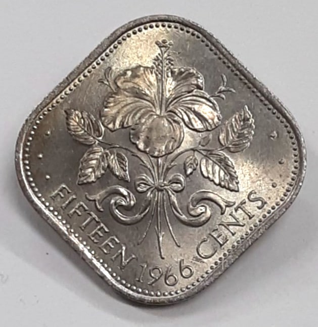Roll of 30 Uncirculated 1966 Bahamas 15 Cent Hibiscus KM5 Copper-Nickel Coins: Roll of 30 Uncirculated 1966 Bahamas 15 Cent Hibiscus KM5 Copper-Nickel Coins This is a roll of thirty uncirculated 1966 Bahamas 15 cent coins featuring Queen Elizabeth II. Each coin is rounded corner