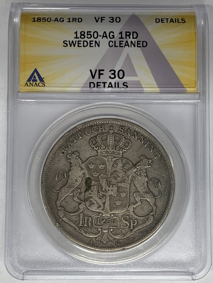 Sweden 1850 Silver 1 Riksdaler ANACS VF 30 Cleaned Certified Coin: Sweden 1850 Silver 1 Riksdaler ANACS VF 30 Cleaned Certified Coin This 1850-AG Sweden 1 Riksdaler coin is certified by ANACS with a grade of VF 30 Details and noted as cleaned. It is composed of silve