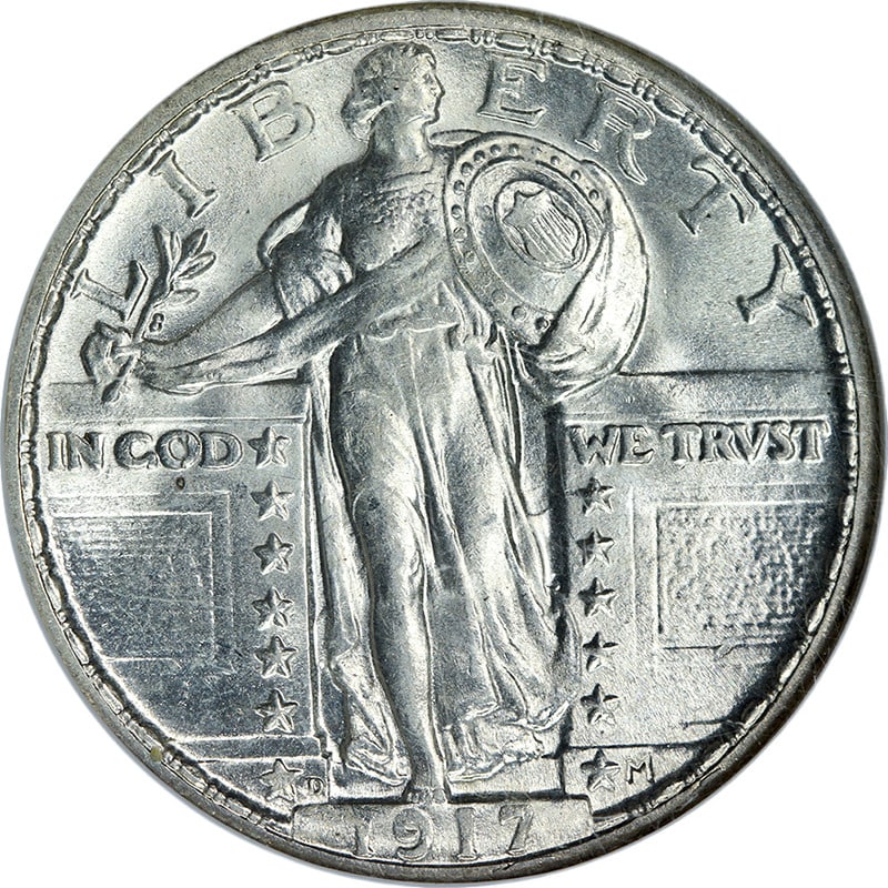 1917-D Standing Liberty Quarter Type 2 NGC MS63 Silver Coin: 1917-D Standing Liberty Quarter Type 2 NGC MS63 Silver Coin This 1917-D Type 2 Standing Liberty Quarter is certified by NGC and graded MS63. The coin is uncirculated and composed of silver with a fine