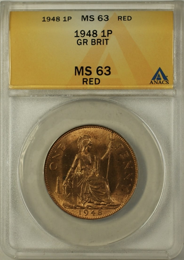 1948 Copper One Penny Coin from Great Britain ANACS MS-63 Red: 1948 Copper One Penny Coin from Great Britain ANACS MS-63 Red This is a 1948 Great Britain One Penny coin, certified by ANACS with a grade of MS 63 Red. The coin is composed of copper and is in uncirc