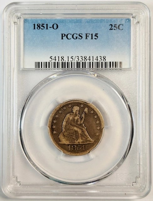 1851 New Orleans Seated Liberty 25C Silver Coin PCGS F15: 1851 New Orleans Seated Liberty 25C Silver Coin PCGS F15 This is an 1851 Seated Liberty Quarter minted in New Orleans. Certified by PCGS with a grade of F 15, this circulated coin is composed of silve