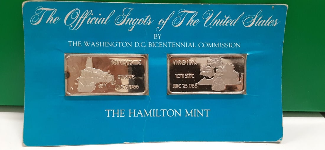 1976 Statehood Silver Ingot Pair New Hampshire and Virginia by Hamilton Mint (1 of 2)