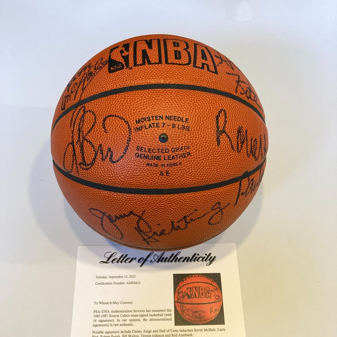 1985 Boston Celtics Team Signed Official NBA Basketball with 14 Autographs PSA/DNA: 1985 Boston Celtics Team Signed Official NBA Basketball with 14 Autographs PSA/DNA Celebrate the legacy of the Boston Celtics with this official NBA game basketball, signed by 14 legendary players fro