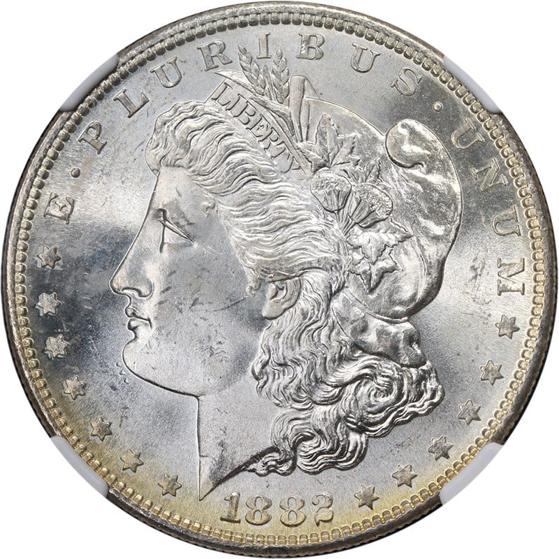 NGC MS66 1882-S Silver Morgan Dollar With Notable Strike and Luster: NGC MS66 1882-S Silver Morgan Dollar With Notable Strike and Luster This 1882-S Morgan Silver Dollar is graded NGC MS66, indicating it is an uncirculated coin with exceptional eye appeal, strong strik