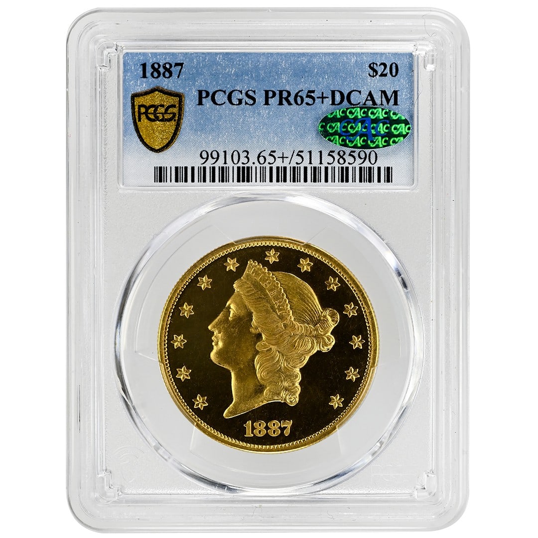 1887 Gold $20 Proof Liberty Head Coin PCGS PR65+DCAM CAC: 1887 Gold $20 Proof Liberty Head Coin PCGS PR65+DCAM CAC This 1887 $20 Liberty Head gold coin is a rare proof specimen certified by PCGS with a grade of PR65+DCAM and endorsed by CAC. Struck at the Ph
