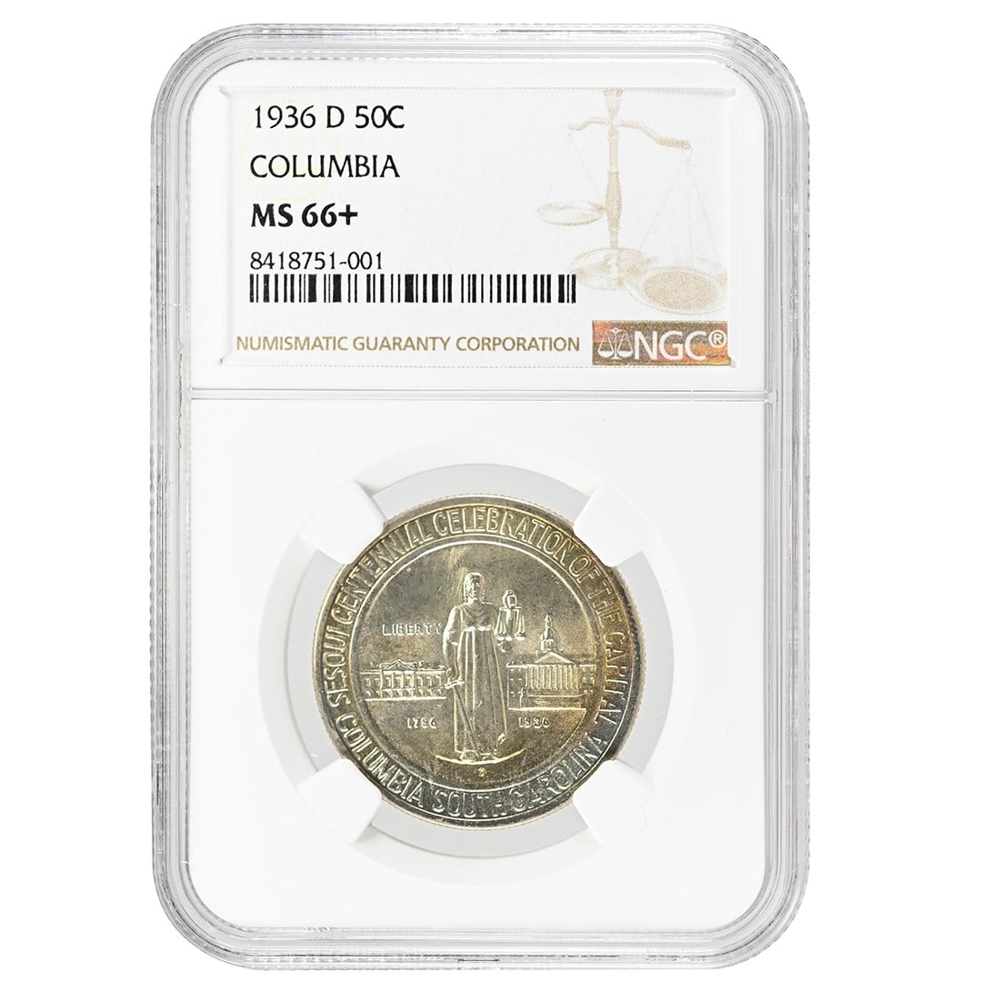 NGC MS66 Plus 1936-D Columbia 50 Cent Silver Commemorative Coin: NGC MS66 Plus 1936-D Columbia 50 Cent Silver Commemorative Coin This is a 1936-D Columbia silver commemorative half dollar, minted in Denver. It is composed of silver and has been certified by NGC wit