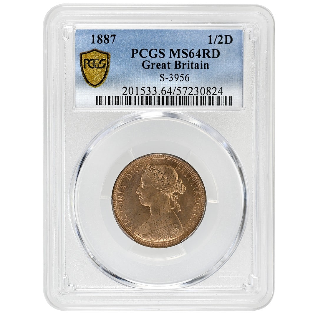 Great Britain 1887 Copper Halfpenny Victoria PCGS MS64RD Certified: Great Britain 1887 Copper Halfpenny Victoria PCGS MS64RD Certified This is an 1887 1/2D Victoria coin from the United Kingdom, composed of copper and certified as uncirculated by PCGS with a grade of