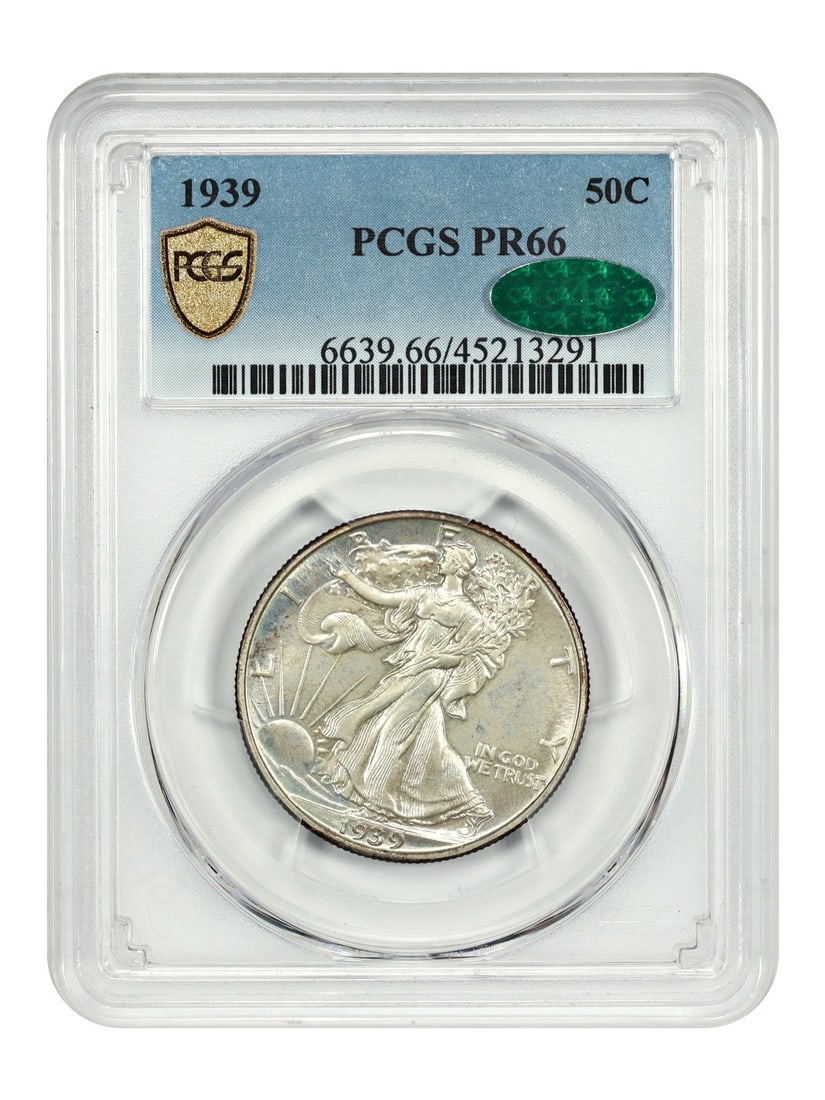 1939 Proof Walking Liberty Half Dollar PCGS CAC PR66: 1939 Proof Walking Liberty Half Dollar PCGS CAC PR66 This 1939 Walking Liberty Half Dollar is a proof coin graded PR66 by PCGS and verified by CAC. It features the iconic Walking Liberty design and wa