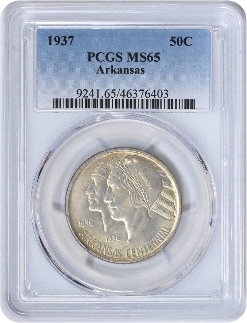 1937 Arkansas Commemorative Silver Half Dollar MS65 PCGS 90% Silver: 1937 Arkansas Commemorative Silver Half Dollar MS65 PCGS 90% Silver This Arkansas Commemorative Silver Half Dollar, minted in 1937, is a stunning piece certified by PCGS with a grade of MS65. This unc