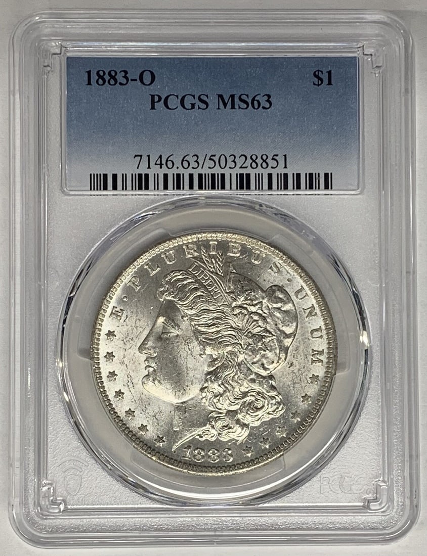 PCGS MS 63 Certified 1883-O Morgan Silver Dollar Uncirculated Coin: PCGS MS 63 Certified 1883-O Morgan Silver Dollar Uncirculated Coin This is an 1883-O Morgan Silver Dollar coin graded MS 63 by PCGS. The coin is uncirculated and features the iconic Morgan design. It