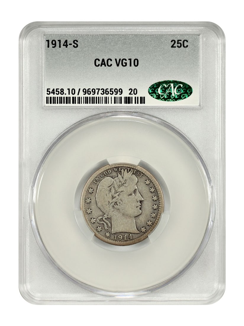 1914 San Francisco Barber Quarter CACG Certified 25 Cent Scarce Issue: 1914 San Francisco Barber Quarter CACG Certified 25 Cent Scarce Issue This 1914-S Barber Quarter is a circulated coin graded VG10 by CACG, featuring a scarce and sought-after date. Minted in San Franc