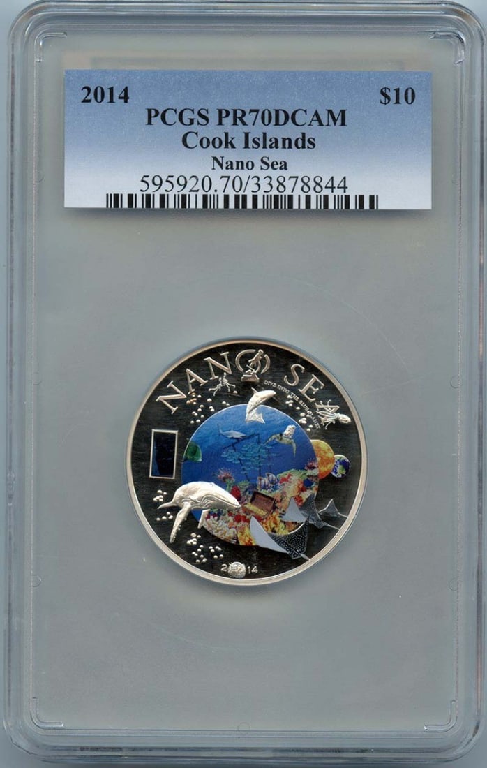 2014 $10 Cook Islands Nano Sea Coin PCGS PR70 Certified: 2014 $10 Cook Islands Nano Sea Coin PCGS PR70 Certified This 2014 $10 Cook Islands Nano Sea coin is graded PR70 by PCGS, indicating it is in pristine condition. This uncirculated coin has been certifi