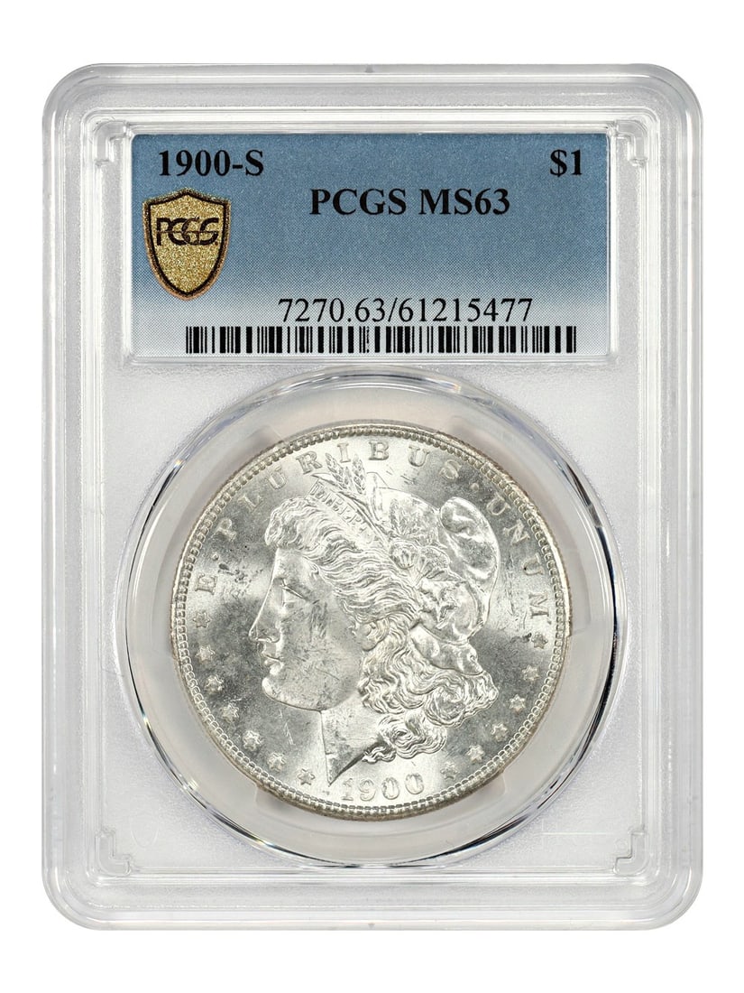 PCGS MS63 1900 San Francisco Morgan Silver Dollar: PCGS MS63 1900 San Francisco Morgan Silver Dollar This is a 1900-S Morgan Dollar graded MS63 by PCGS. The coin is uncirculated and was minted in San Francisco. It belongs to the Morgan Dollar series a