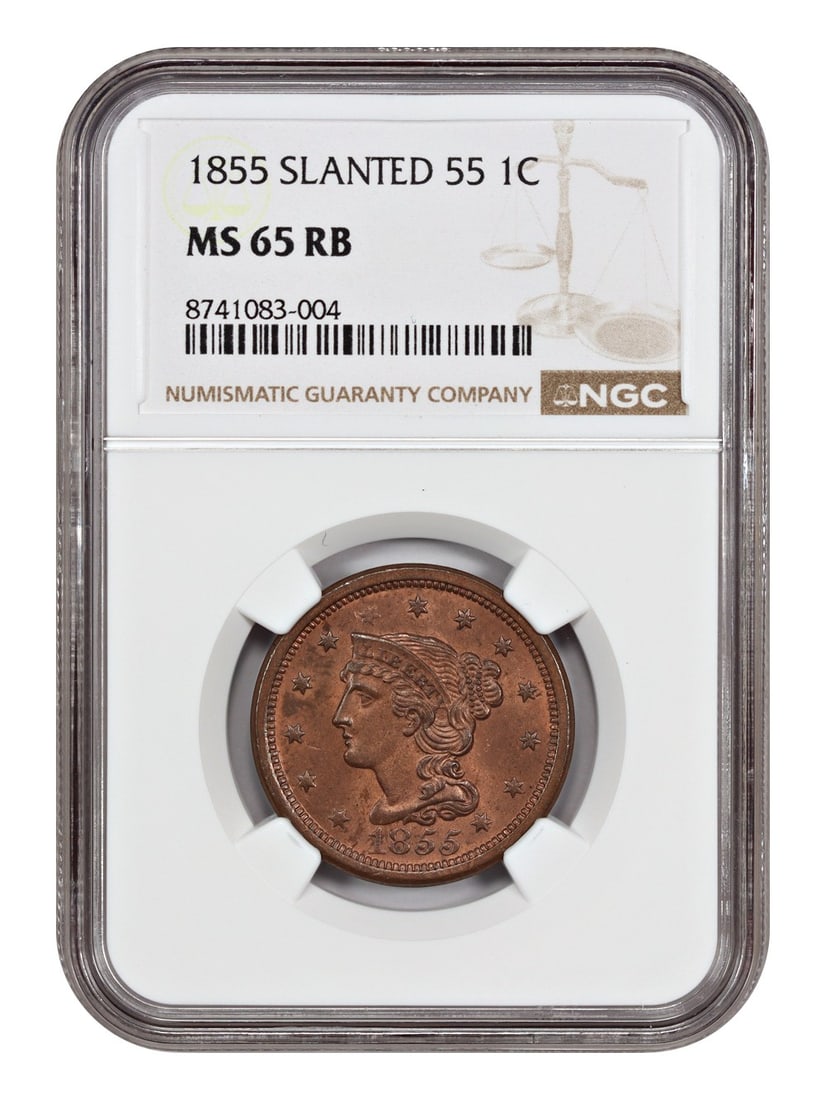 NGC MS65RB 1855 Braided Hair One Cent Slanted 55 Variety Red Brown (1 of 4)
