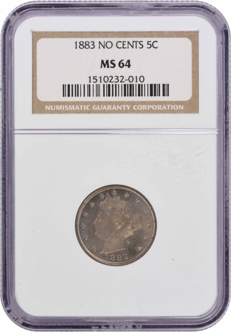 1883 No Cents Liberty Nickel MS64 NGC Uncirculated: 1883 No Cents Liberty Nickel MS64 NGC Uncirculated This 1883 No Cents Liberty Nickel is a valuable addition to any coin collection. Certified by NGC with a grade of MS64, this uncirculated nickel show
