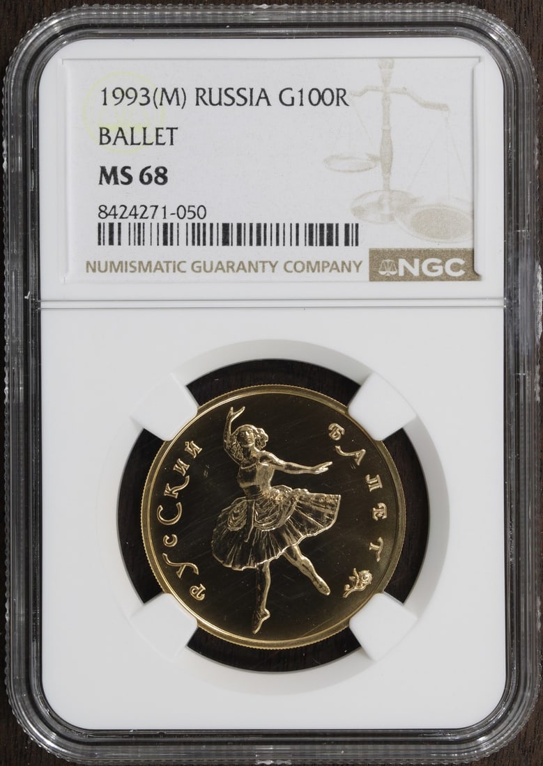 Russia 1993 100 Roubles 1/2 oz Gold Ballet Coin MS68 NGC Certified: Russia 1993 100 Roubles 1/2 oz Gold Ballet Coin MS68 NGC Certified This 1993-M Russia 1/2 oz 100 Roubles gold coin celebrates ballet and is graded MS68 by NGC. The coin is uncirculated and dates from