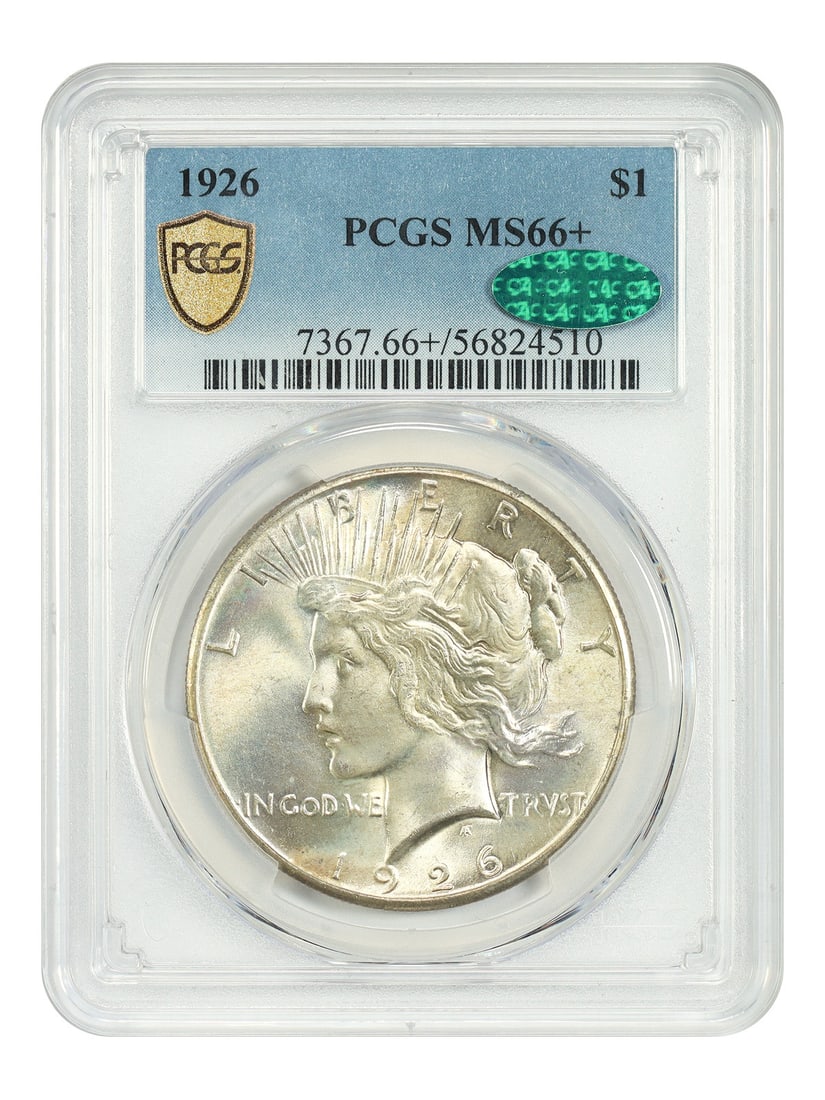 PCGS CAC MS66 Plus 1926 Peace Dollar Uncirculated Philadelphia: PCGS CAC MS66 Plus 1926 Peace Dollar Uncirculated Philadelphia This is a 1926 Peace Dollar graded MS66+ by PCGS with CAC approval. The coin is uncirculated and features a sharply struck design, bold l