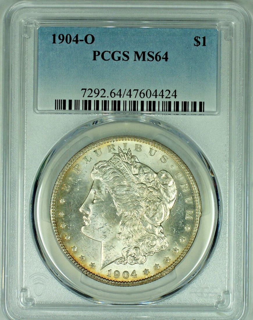 PCGS MS 64 1904-O Morgan Silver Dollar Toned Reverse Uncirculated $1 Coin: PCGS MS 64 1904-O Morgan Silver Dollar Toned Reverse Uncirculated $1 Coin This 1904-O Morgan Silver Dollar is an uncirculated $1 coin from the United States, featuring a toned reverse. The coin is com