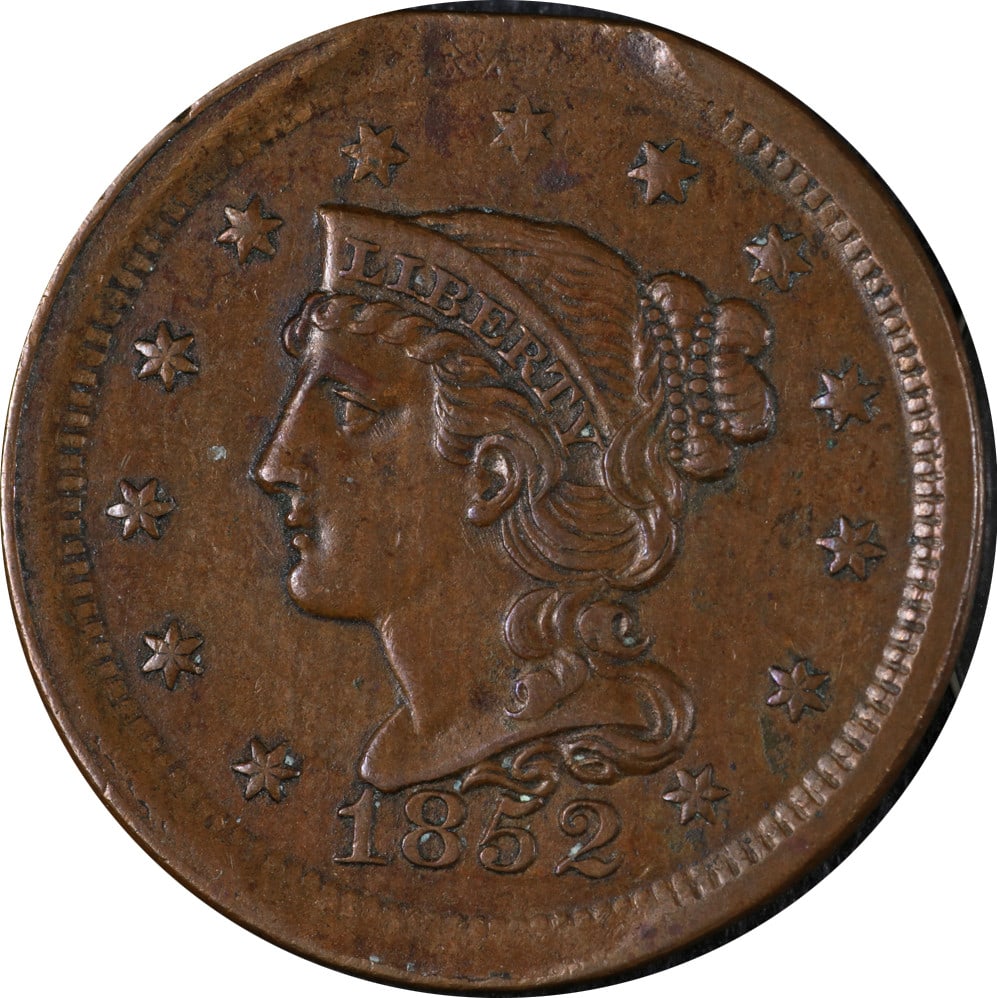 1852 Large Cent Copper Error Clipped Planchet Choice AU+: 1852 Large Cent Copper Error Clipped Planchet Choice AU+ This 1852 Large Cent features a notable clipped planchet error, making it a unique collectible with superb eye appeal. The coin displays outsta