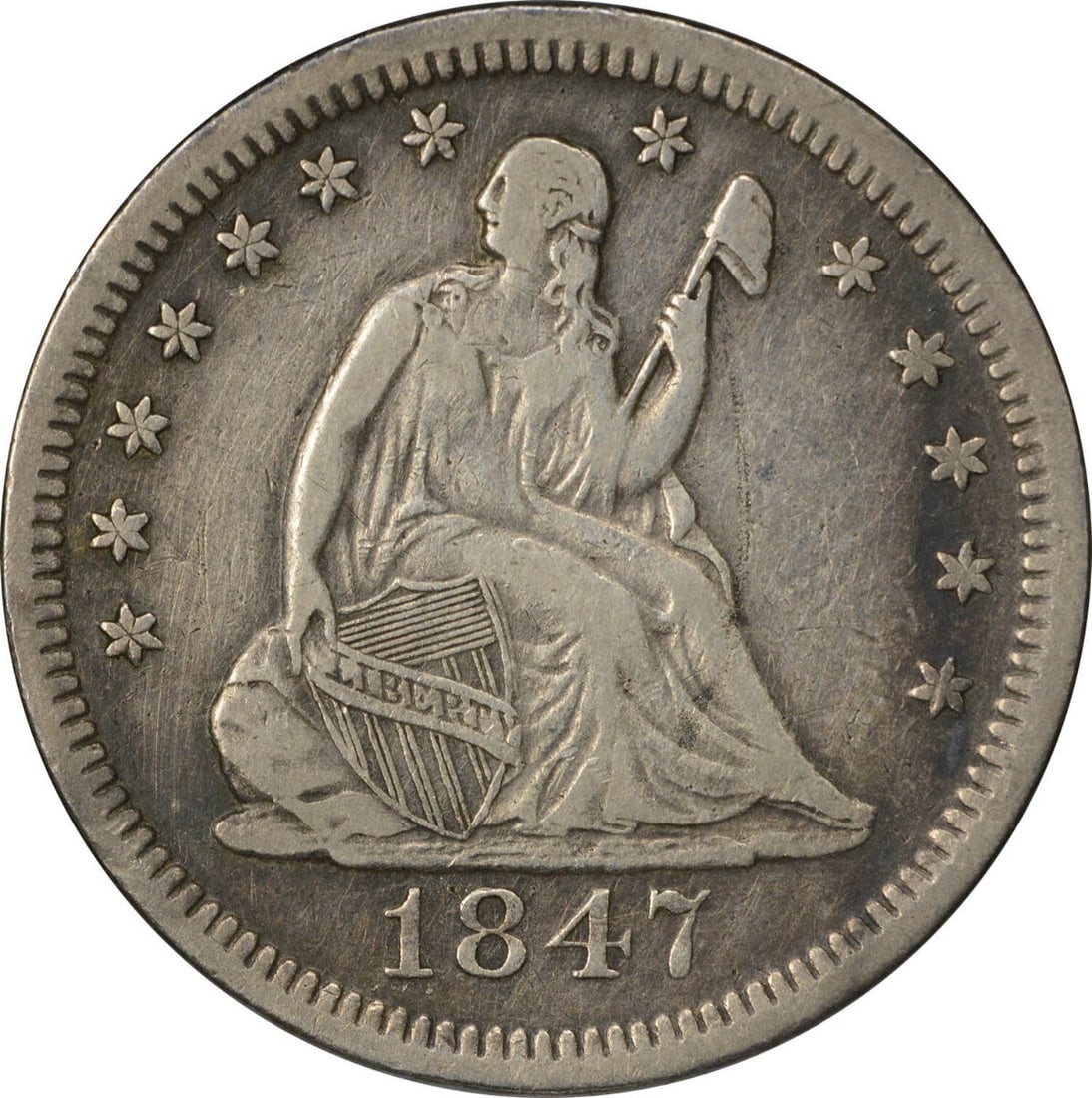 1847-O Liberty Seated Quarter VF Uncertified 90% Silver Coin: 1847-O Liberty Seated Quarter VF Uncertified 90% Silver Coin This 1847-O Liberty Seated Quarter is a notable piece for collectors, featuring a grade of Very Fine (VF) and composed of 90% silver and 10