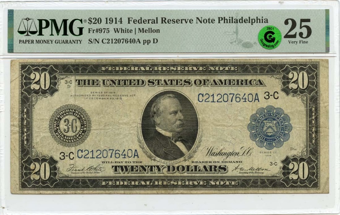 1914 $20 Federal Reserve Note Fr# 975 PMG VF25 Certified: 1914 $20 Federal Reserve Note Fr# 975 PMG VF25 Certified This 1914 Federal Reserve Note, designated as Fr# 975, is a remarkable piece of currency history. Graded by PMG as VF25, this circulated note s