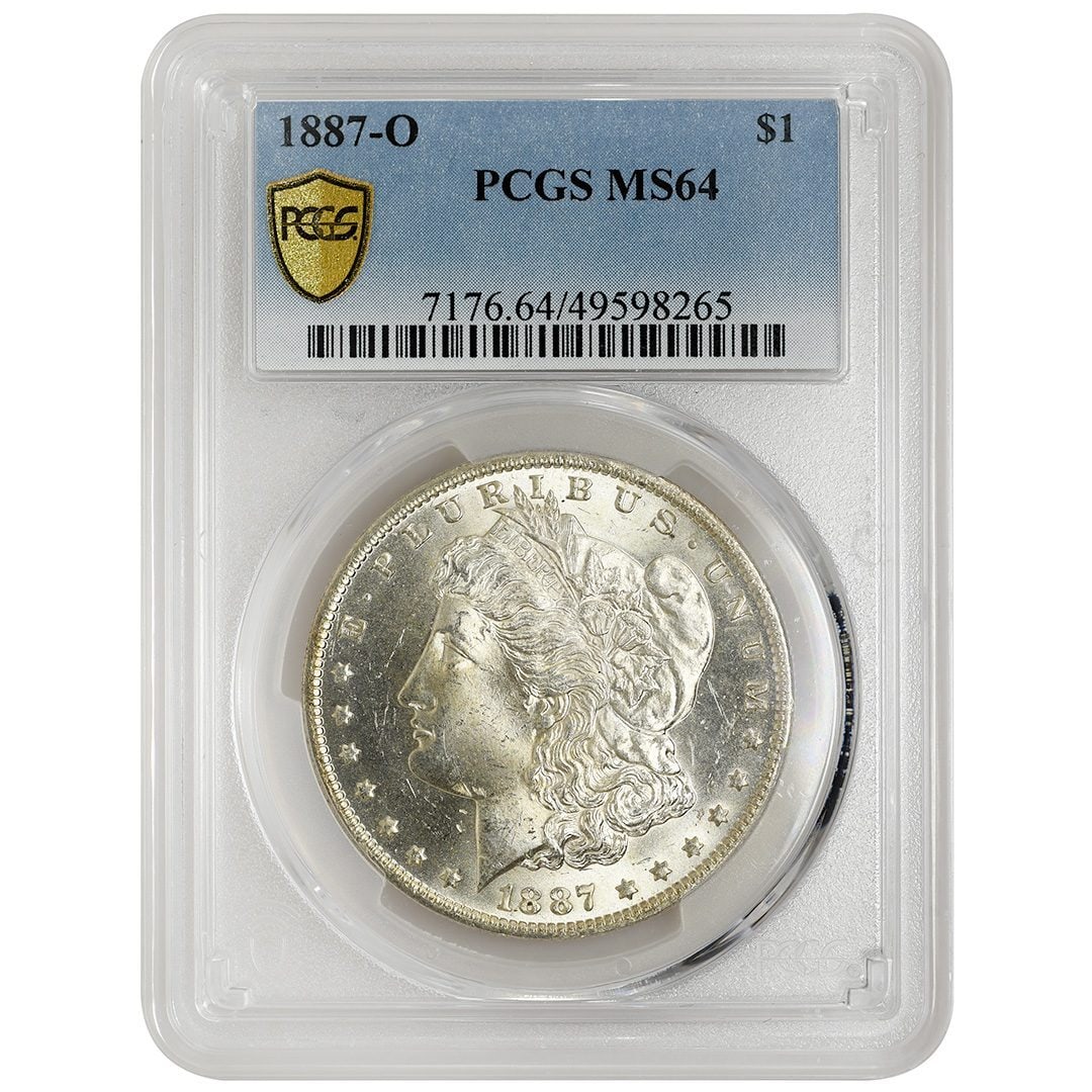 PCGS MS64 1887-O Morgan Silver Dollar New Orleans Mint Certified: PCGS MS64 1887-O Morgan Silver Dollar New Orleans Mint Certified This 1887-O Morgan Dollar is an uncirculated silver coin minted in New Orleans. Certified by PCGS as MS64+, it features a brilliant whi