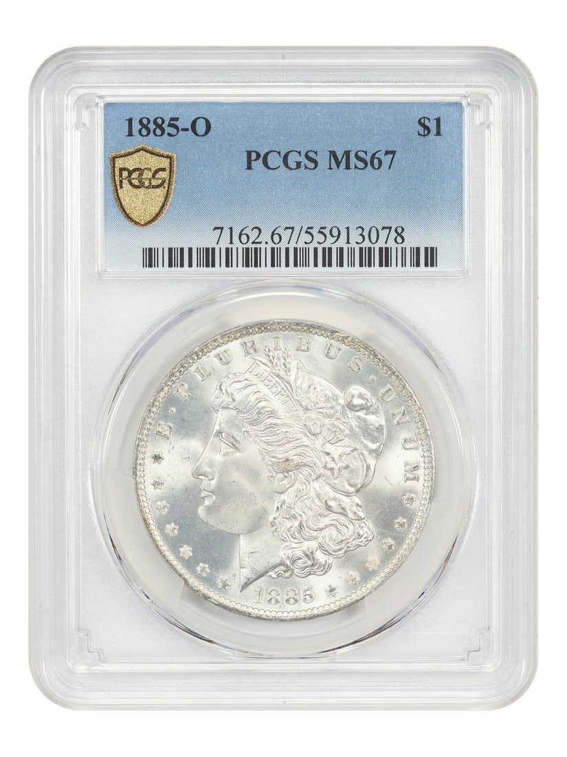 PCGS MS67 1885-O Morgan Silver Dollar Uncirculated New Orleans Mint: PCGS MS67 1885-O Morgan Silver Dollar Uncirculated New Orleans Mint This is an 1885-O Morgan Dollar graded MS67 by PCGS. The coin was minted in New Orleans and features satiny smooth surfaces with bol