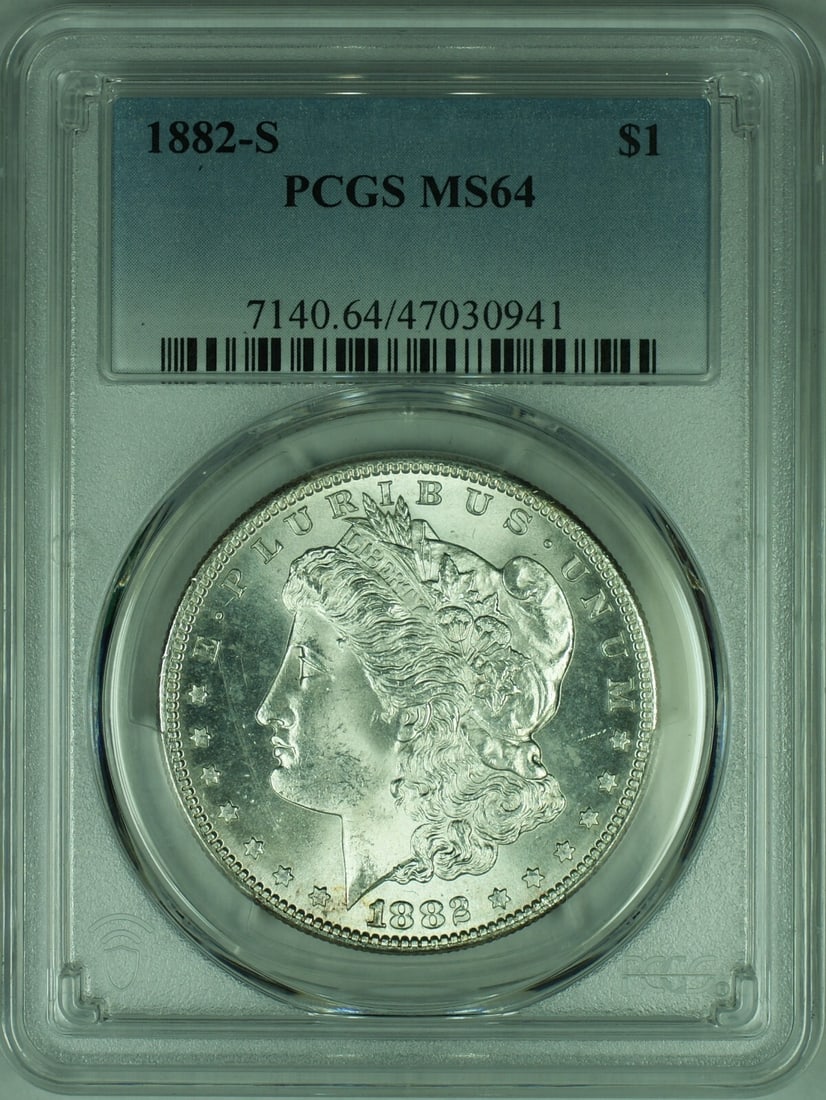 PCGS MS-64 1882 San Francisco Morgan Silver Dollar Uncirculated: PCGS MS-64 1882 San Francisco Morgan Silver Dollar Uncirculated This is an 1882-S Morgan Silver Dollar coin certified by PCGS with a grade of MS-64. The coin is uncirculated and was minted in San Fran
