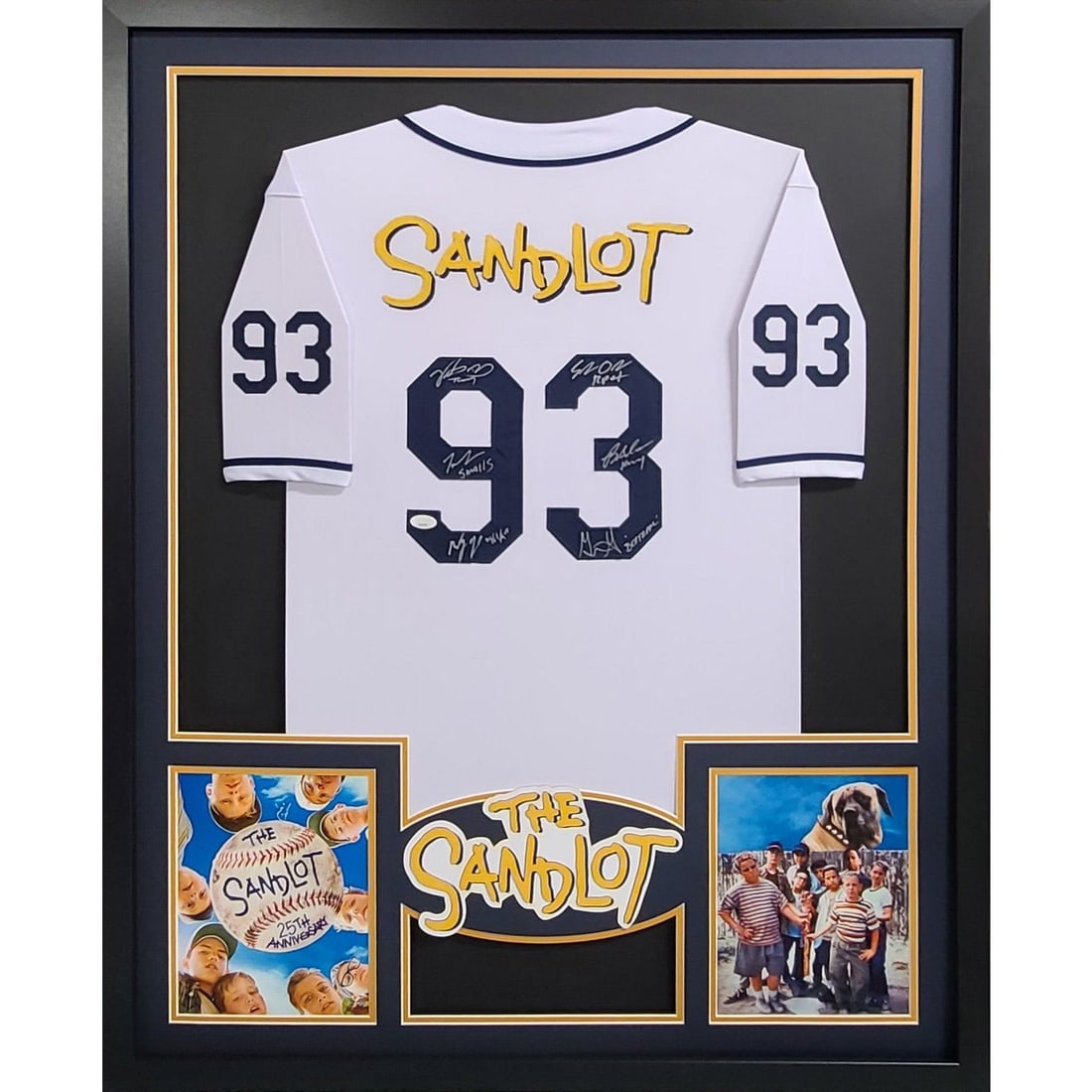 The Sandlot Framed Jersey Autographed by 6 Cast Members JSA Certified: The Sandlot Framed Jersey Autographed by 6 Cast Members JSA Certified Celebrate a classic film with this beautifully framed jersey from 'The Sandlot,' autographed by six beloved cast members: Tom Guir
