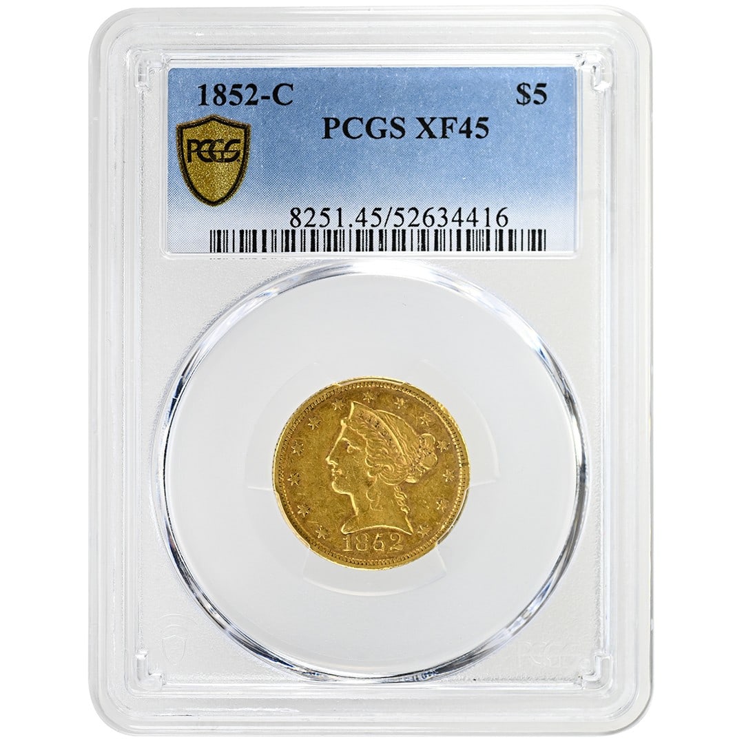 1852 Charlotte Mint $5 Gold Liberty Head PCGS XF45 Certified: 1852 Charlotte Mint $5 Gold Liberty Head PCGS XF45 Certified This 1852-C $5 Liberty Head gold coin was minted in Charlotte and is certified by PCGS with an XF45 grade. It is a Type 1 No Motto issue, k