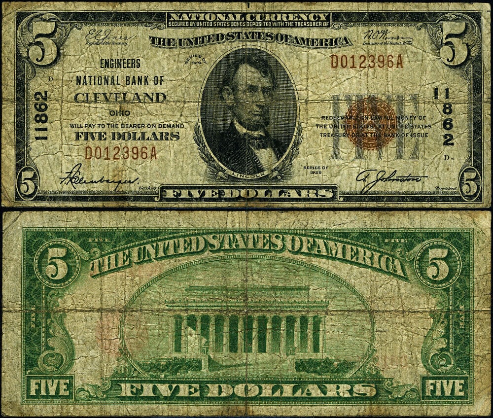 1929 T-1 $5 National Bank Note Cleveland Engineers NB VG: 1929 T-1 $5 National Bank Note Cleveland Engineers NB VG This $5 National Bank Note from Cleveland, Ohio, issued in 1929 (Type T-1) is a noteworthy example for collectors. It is graded as Very Good (V