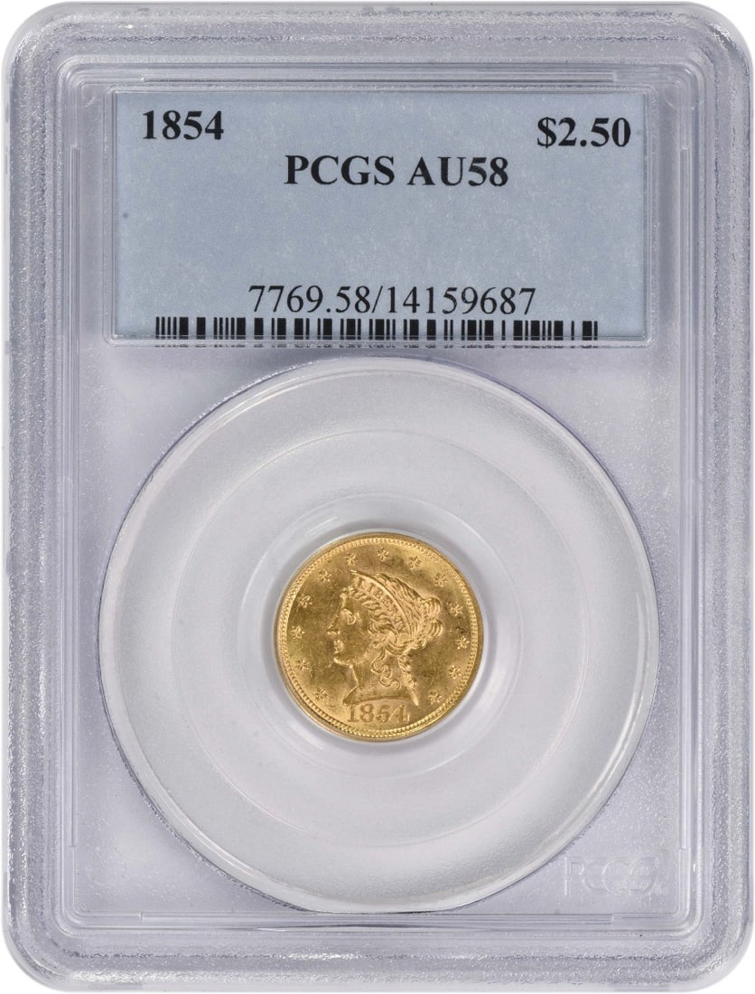 United States 1854 Liberty Head $2.50 Gold Coin PCGS AU58: United States 1854 Liberty Head $2.50 Gold Coin PCGS AU58 This 1854 $2.50 Gold Liberty Head coin was minted in Philadelphia and features the classic design by Christian Gobrecht. Certified by PCGS wit