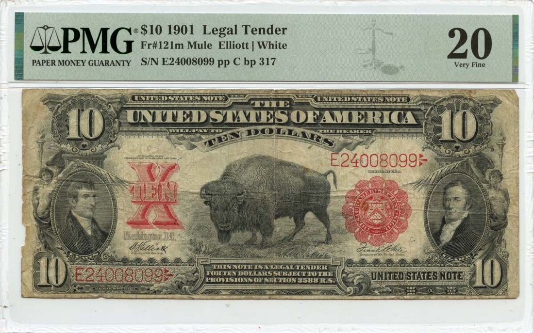1901 $10 Legal Tender Mule Note Fr# 121m PMG VF20 Bison (1 of 2)