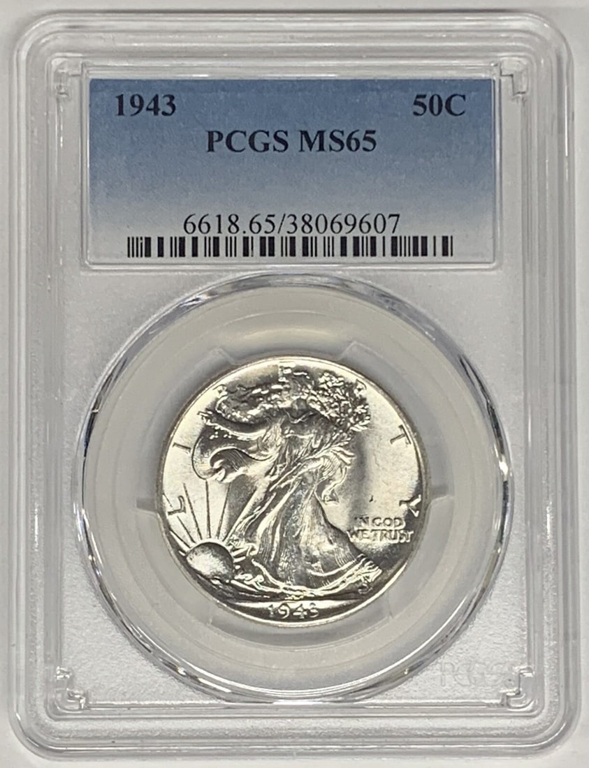 PCGS MS 65 1943 Liberty Walking Half Dollar Uncirculated 50C Coin: PCGS MS 65 1943 Liberty Walking Half Dollar Uncirculated 50C Coin This is a 1943 Walking Liberty Half Dollar 50-cent coin from the United States, graded MS 65 by PCGS. The coin is uncirculated and fea