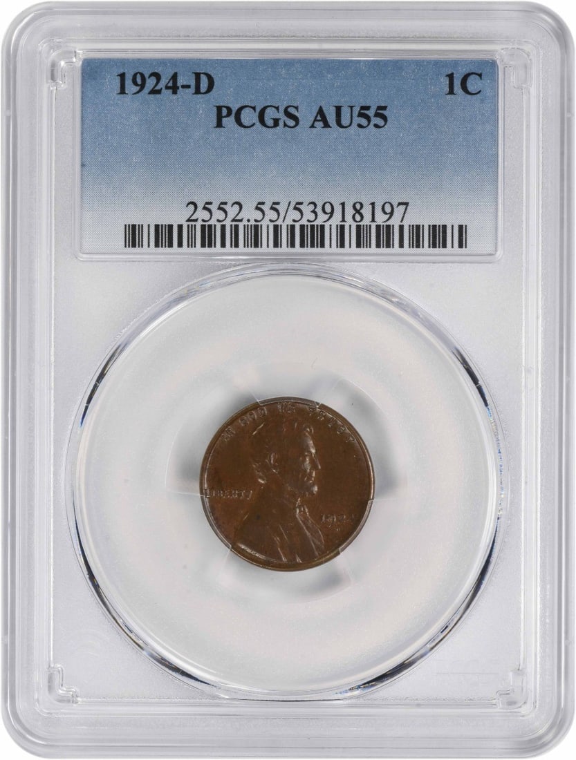 PCGS AU55 1924 Denver Mint Lincoln Wheat Cent Copper Small Coin: PCGS AU55 1924 Denver Mint Lincoln Wheat Cent Copper Small Coin This is a 1924-D Lincoln Wheat Cent graded AU55 by PCGS. The coin is composed of copper and was minted in Denver, United States. It is a