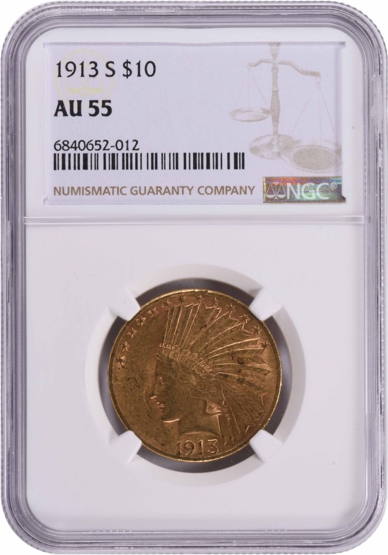 1913-S $10 Gold Indian Coin AU55 NGC by Augustus Saint Gaudens: 1913-S $10 Gold Indian Coin AU55 NGC by Augustus Saint Gaudens This 1913-S $10 Gold Indian coin, graded AU55 by NGC, is a remarkable piece of numismatic history. Minted in San Francisco, this coin fea