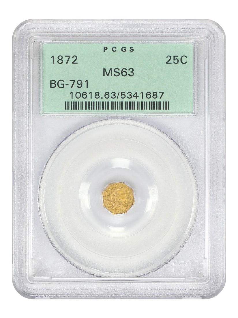 1872 California Fractional Gold 25 Cent PCGS MS63 BG-791 OGH Coin: 1872 California Fractional Gold 25 Cent PCGS MS63 BG-791 OGH Coin This 1872 California Fractional Gold 25 Cent coin is graded MS63 by PCGS and is classified as uncirculated. Minted in Philadelphia, it