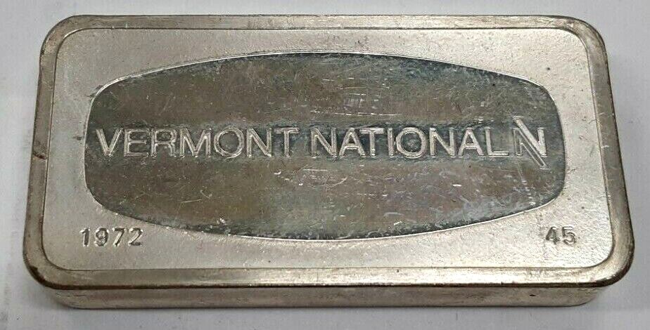 Sterling Silver 1000 Grain Ingot Vermont National Bank by Franklin Mint #45: Sterling Silver 1000 Grain Ingot Vermont National Bank by Franklin Mint #45 This is a 1972 Franklin Mint 1000 grain sterling silver ingot issued for The Vermont National Bank of Vermont, designated as