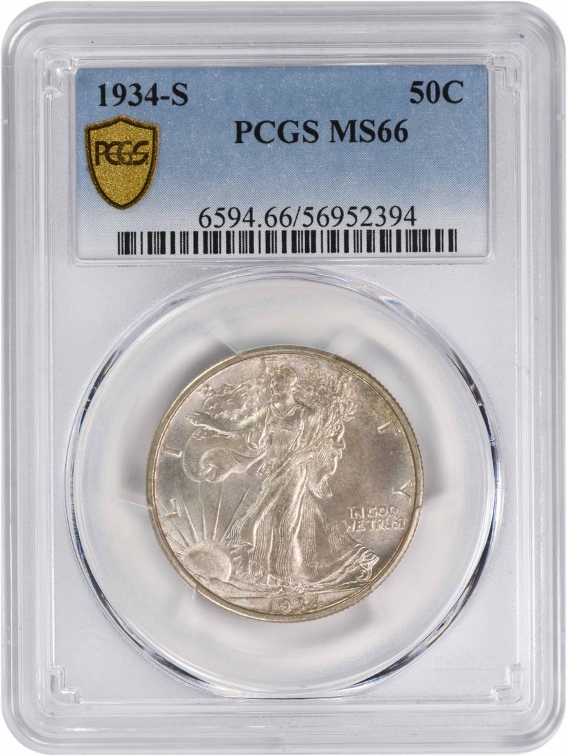 1934-S Walking Liberty Silver Half Dollar MS66 PCGS Certified: 1934-S Walking Liberty Silver Half Dollar MS66 PCGS Certified This 1934-S Walking Liberty Silver Half Dollar is a stunning example of American coinage, certified by PCGS with a high grade of MS66. Str