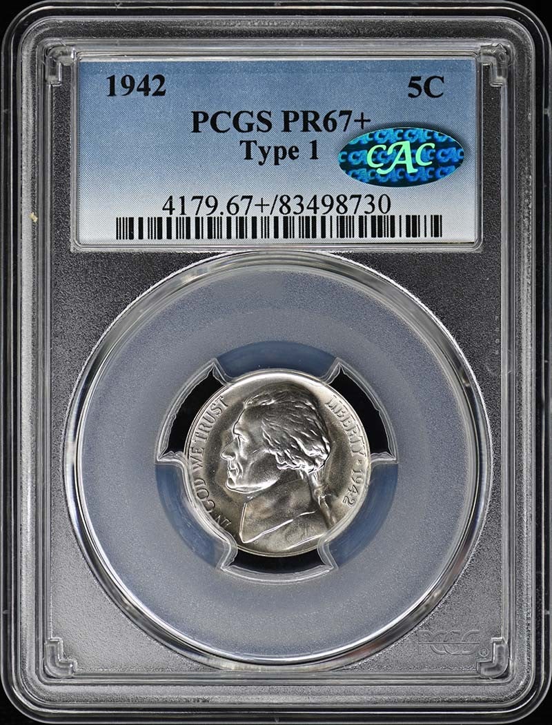 1942 Type 1 Jefferson Nickel PCGS PR67+ CAC Uncirculated: 1942 Type 1 Jefferson Nickel PCGS PR67+ CAC Uncirculated This 1942 5C Type 1 Jefferson Nickel is a stunning example of numismatic excellence, certified by PCGS with a high grade of PR67+. The coin is