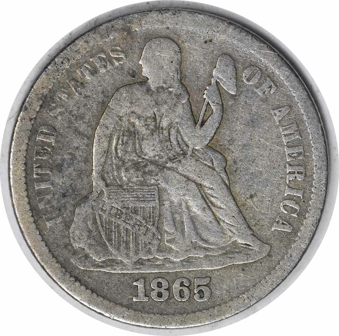 1865-S Liberty Seated Silver Dime VF Uncertified 90% Silver: 1865-S Liberty Seated Silver Dime VF Uncertified 90% Silver This 1865-S Liberty Seated Silver Dime is a remarkable piece of numismatic history. It was minted in San Francisco and features the iconic S