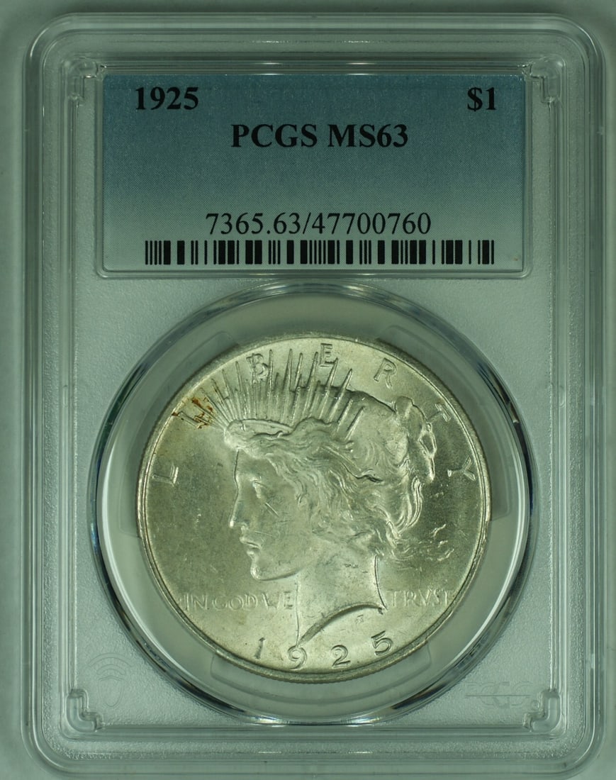PCGS MS 63 1925 Peace Silver Dollar United States $1 Coin: PCGS MS 63 1925 Peace Silver Dollar United States $1 Coin This is a 1925 Peace Silver Dollar coin from the United States, graded MS 63 by PCGS. The coin is uncirculated and composed of silver. It is a