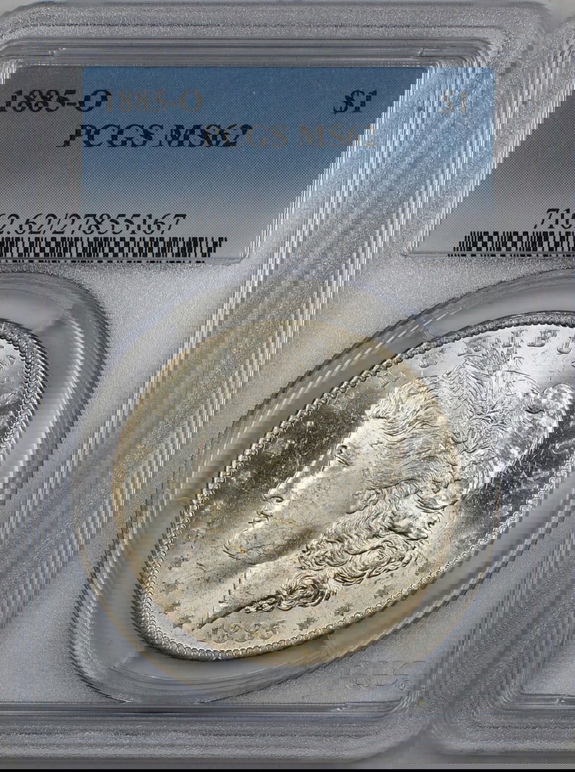 PCGS MS62 1885-O Silver Morgan Dollar Uncirculated New Orleans Mint: PCGS MS62 1885-O Silver Morgan Dollar Uncirculated New Orleans Mint This 1885-O Morgan Silver Dollar is certified by PCGS with a grade of MS-62. Minted in New Orleans, it is composed of silver and rem