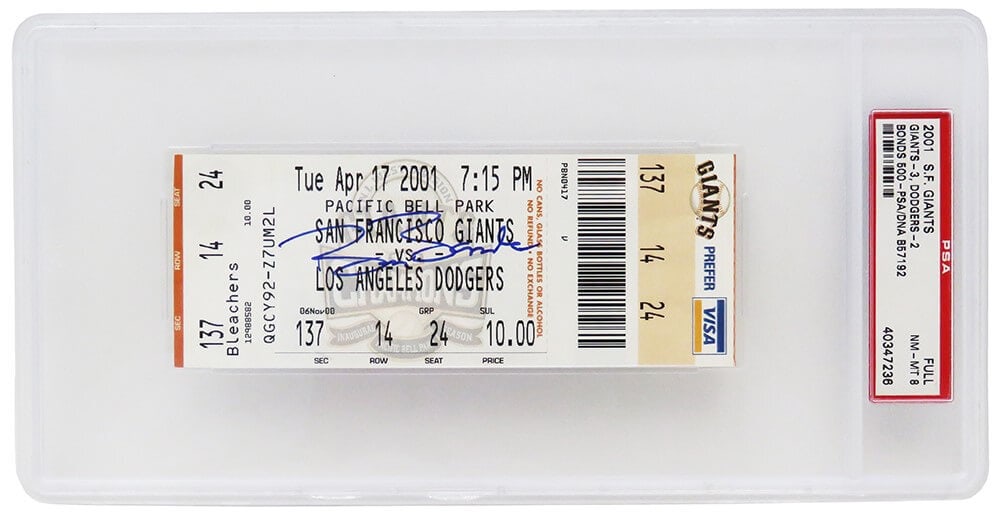 Barry Bonds Signed Giants vs Dodgers 500th HR Ticket PSA NM-MT 8: Barry Bonds Signed Giants vs Dodgers 500th HR Ticket PSA NM-MT 8 Celebrate baseball history with this authentic Barry Bonds signed ticket from the San Francisco Giants vs. Los Angeles Dodgers game hel