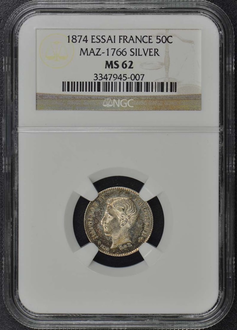 1874 France Essai 50C Silver Coin NGC MS62 Uncirculated: 1874 France Essai 50C Silver Coin NGC MS62 Uncirculated This 1874 France Essai 50C coin is a remarkable piece, certified by NGC with a grade of MS62, indicating its uncirculated condition. A true coll