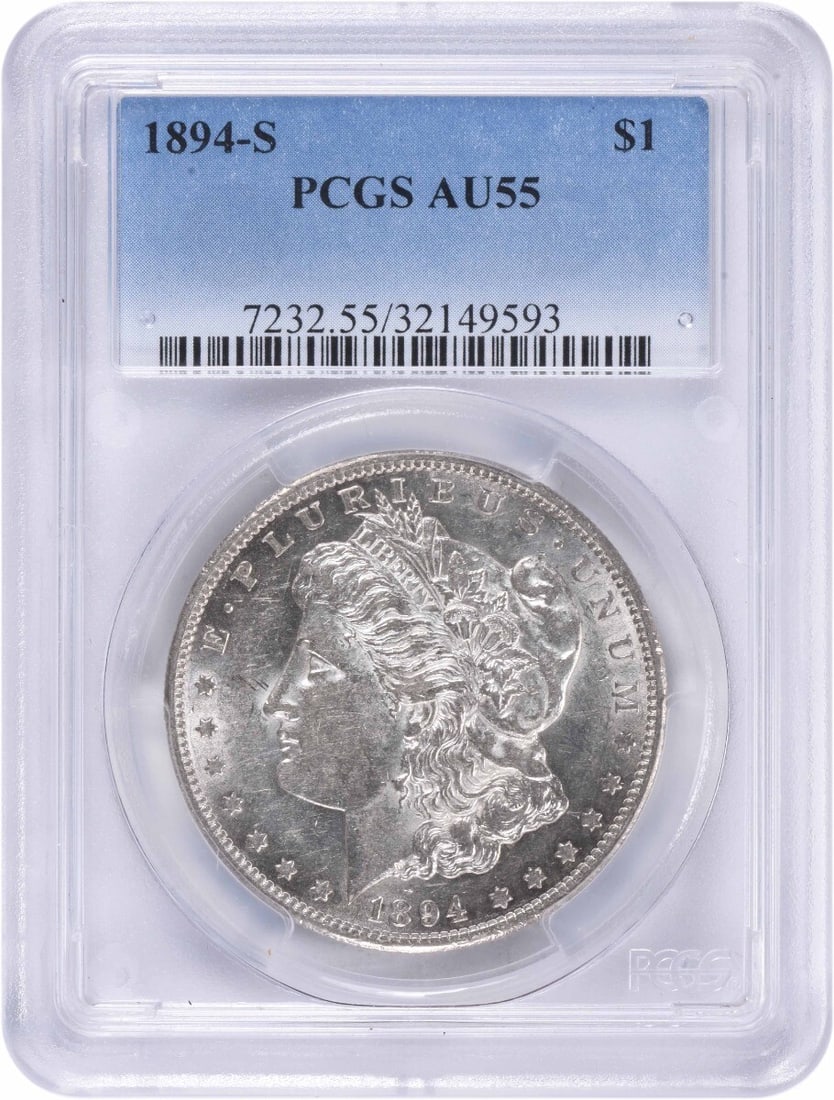 1894-S Morgan Silver Dollar AU55 PCGS Certified Coin: 1894-S Morgan Silver Dollar AU55 PCGS Certified Coin This 1894-S Morgan Silver Dollar is a remarkable piece of numismatic history, certified by PCGS with an AU55 grade. Minted in San Francisco, this c