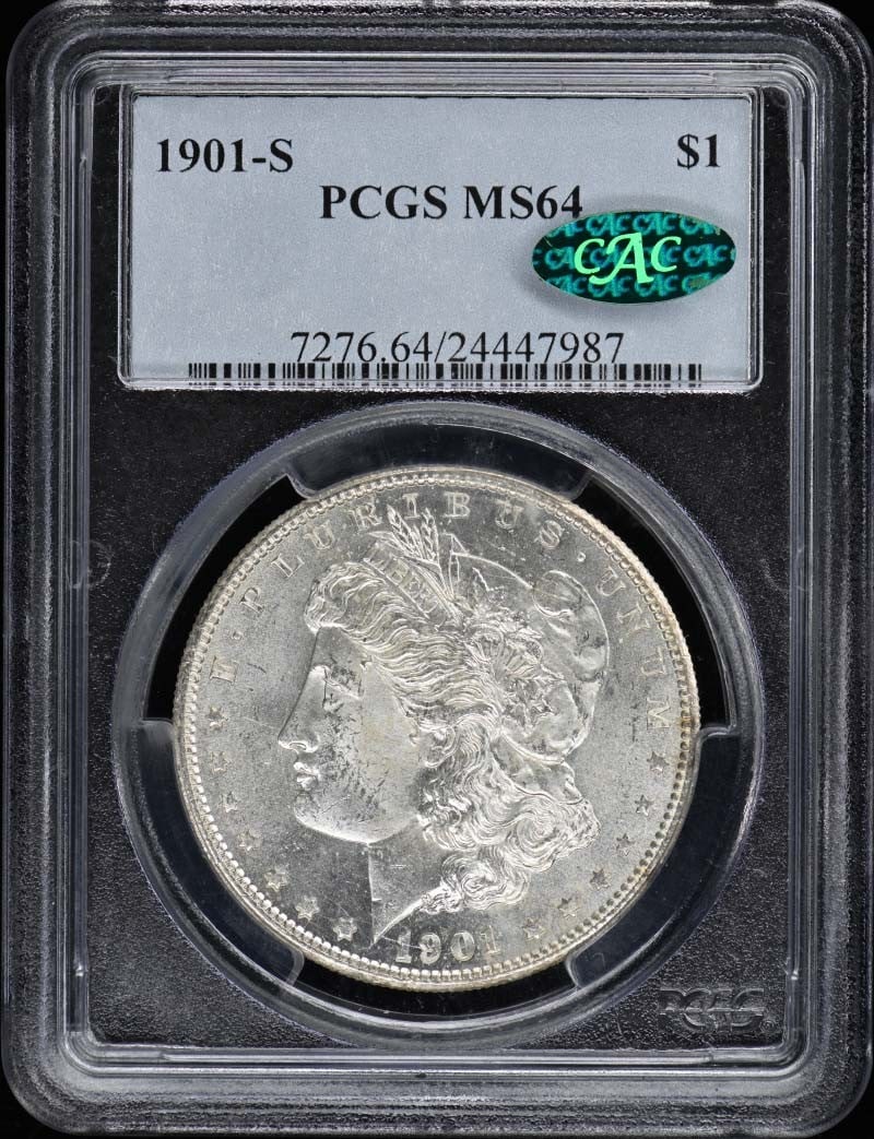 1901-S Morgan Dollar PCGS MS64 CAC Certified Uncirculated: 1901-S Morgan Dollar PCGS MS64 CAC Certified Uncirculated This 1901-S Morgan Dollar is certified by PCGS with a grade of MS64 and features the CAC add-on, indicating quality assurance. Struck in San F